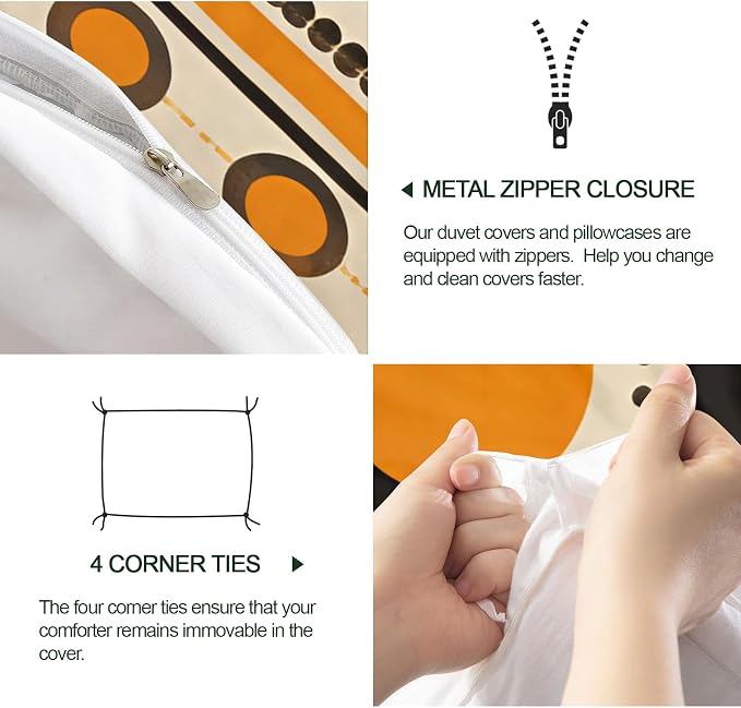 Retro Middle Ages Duvet Cover King Size, Orange Geometric Art Bedding Set 3 Piece Bedroom Decor Modern Stripes Patterned Comforter Cover with Zipper Ties & 2 Pillowcases