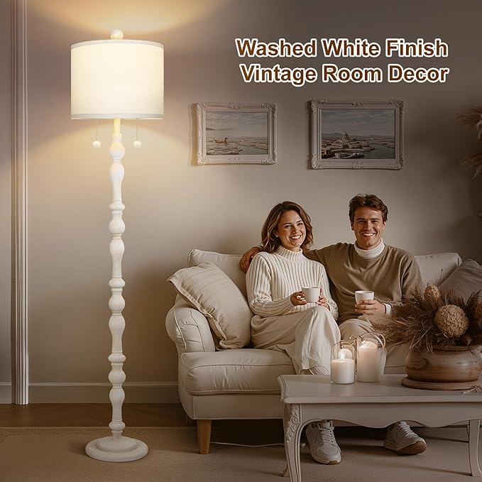 65.5” Natural Real Wood Floor Lamp for Living Room Bedroom, Dual S Cluster Socket, Pull Chains Switch, Farmhouse Tall Standing Lamp with Linen Shade for Home Room Decor (Bulbs Included)