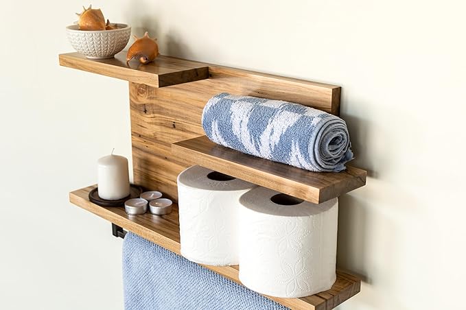 Straga Rustic Wall Mounted Bathroom Shelves - 23" Hardwood Shelf Organizers with 18" Towels Holder - A Modern Addition To Your Bathroom, Powder Room, Guest Bathroom and More (Wormy Maple)