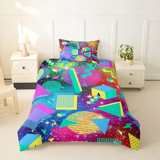 80s 90S Fashion Style Bedding Set Twin Size,Retro Memphis Style Pattern with Geometrical Shapes Duvet Cover for Kids Child,Funky Hipster Old Fashioned Comforter Cover Geometric Bedroom Decor
