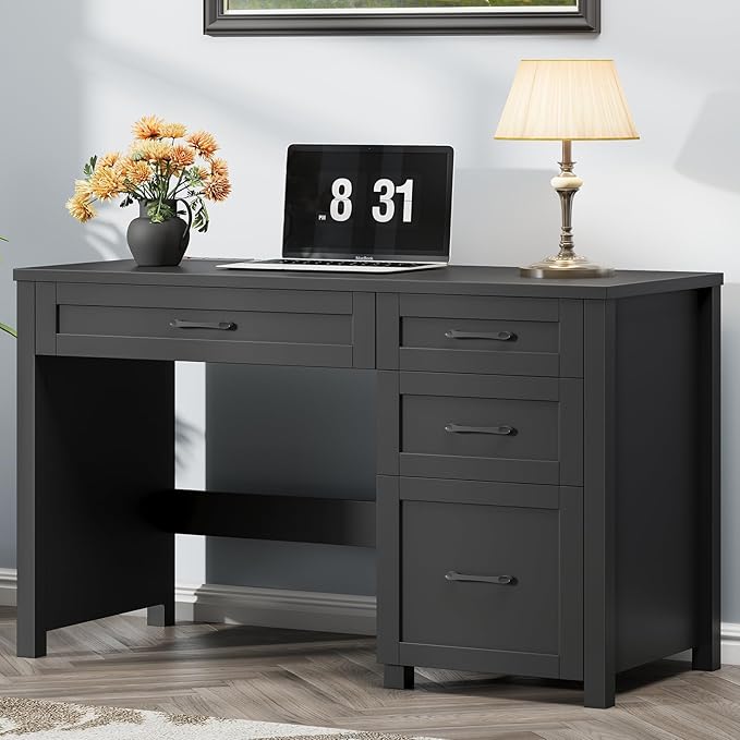 Vabches Farmhouse 47" Executive Desk, Computer Desk with File Drawer and Charging Station, Workstation for Home Office, Study,(Pure Black