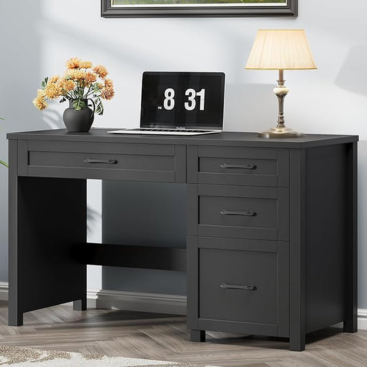 Vabches Farmhouse 47" Executive Desk, Computer Desk with File Drawer and Charging Station, Workstation for Home Office, Study,(Pure Black