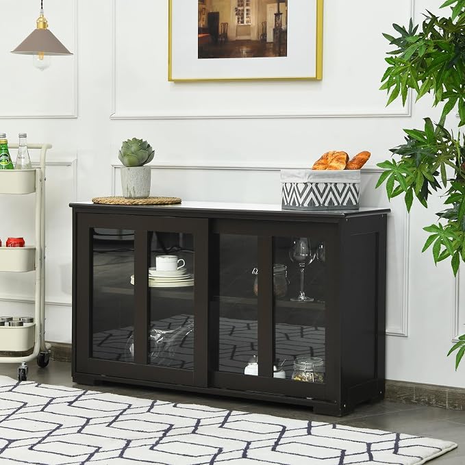 Sideboard Buffet Cabinet, Stackable Cupboard Storage Table with Adjustable Shelf & Glass Sliding Doors, Wooden Credenza Coffee Bar Cabinet for Kitchen/Dining Room/Living Room/Entryway (Coffee)