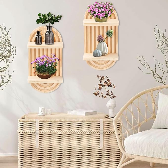 2 Pcs Wooden Rainbow Wall Shelves, Boho Floating Shelves Arch Boho Mcm Modern Wall Shelf Mid Century Wood Floating Shelf Decor for Bathroom, Bedroom, Kitchen (Wood-2tier)