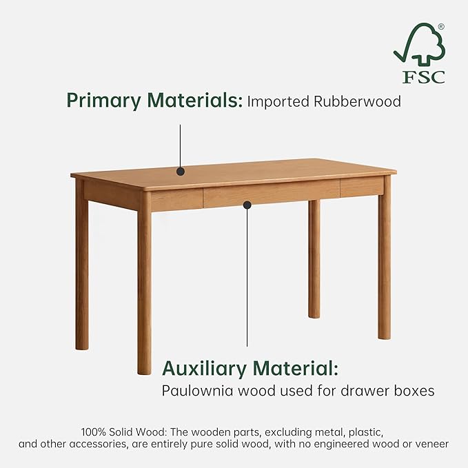 YESWOOD 100% Solid Wood Desk, Mid Century Modern Computer Desk, Home Office Writing Desk with Drawers for Study Living Room Natural Wood Color(41.33" W)