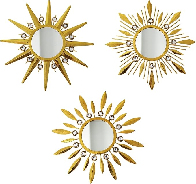Champagne Gold Round Mirrors for Wall Art Pack of 3, Decorative Mirror Wall Valentine Decor& Vintage Room Decor, Sunburst Circle Mirrors Modern Valentine Gifts for Women & Moms
