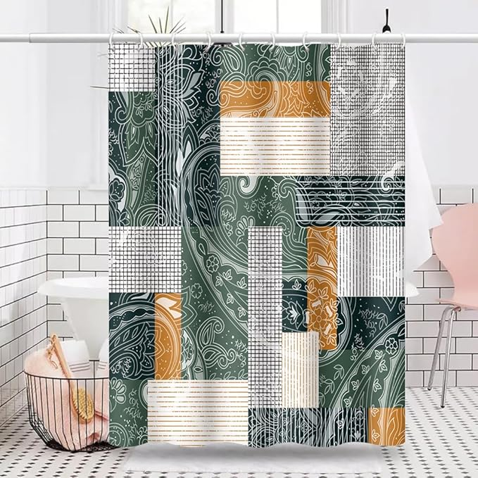 Abstract Boho Shower Curtain Bohemian Paisley Print Modern Geometric Plaid Pattern Shower Curtains for Bathroom Waterproof Fabric Decor Set with Hooks, 72W x 72H Inch