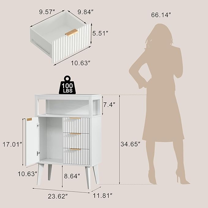 White Bathroom Floor Cabinet with 3 Fluted Drawers & Door, Modern Storage Sideboard with Open Shelf, Coffee Bar Station for Living Room, Entryway, 23.6 x 11.8 x 34.6 Inches