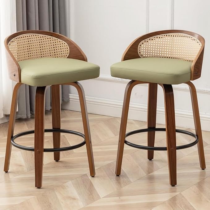 26" Swivel Rattan Bar Stools,Mid-Century Modern Green Leather Upholstered Counter Height Stools,Kitchen Island Barstools with Rattan Low Backrest,Walnut Wood Finish Bar Chair,1PCS