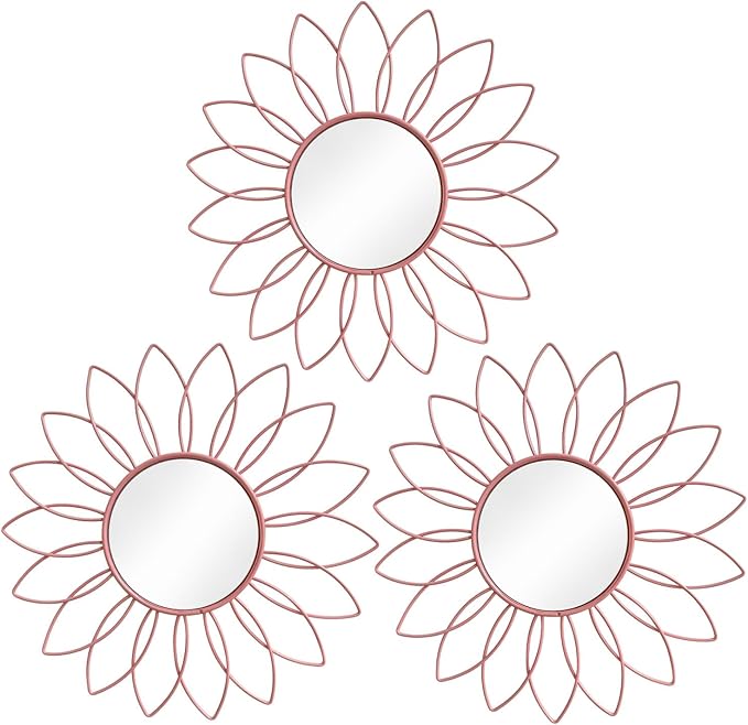 3 Pack Metal Mirrors for Wall Sunburst Wall Mirrors Home Décor Decorative Hanging Wall Art for Living Room Bedroom Entryway (Pink, Flowers)