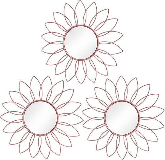 3 Pack Metal Mirrors for Wall Sunburst Wall Mirrors Home Décor Decorative Hanging Wall Art for Living Room Bedroom Entryway (Pink, Flowers)