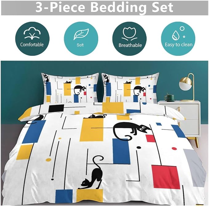 Mid Century Bedding Set,Retro Black Cat 1950s 1960s Abstract Atomic Colorful Geometric Pattern Modern Comforter Set with Pillowcase for Bedroom Bed Decor,Full 79"x90"