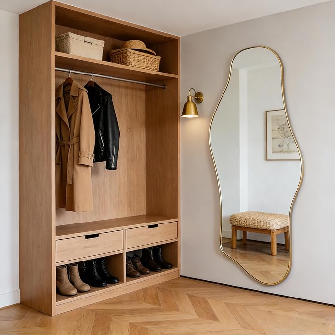 Large Irregular Mirror, 63"x29" Asymmetrical Full Length Mirror with Gold Metal Frame, Unique Shaped Abstract Wall Mirrors for Living Room Dressing Bathroom Bedroom Hallway Entryway