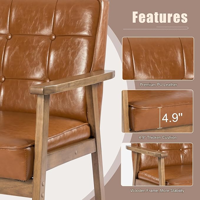 Okeysen Accent Chairs Set of 2 with Side Table, Mid Century Modern Accent Chair, Retro Wood and Leather Armchairs Side Chair, Lounge Reading Comfy Armchair for Living Room, Bedroom, Office（Brown