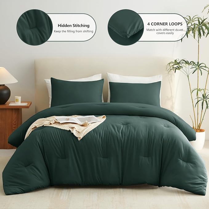 CozyLux Full Size Comforter Set Forest Green, 3 Pieces Lightweight Down Alternative Quilted Bedding Sets, All Season Soft Breathable Solid Comforter with 2 Pillowcases, Luxury Bed Set Gift for Home
