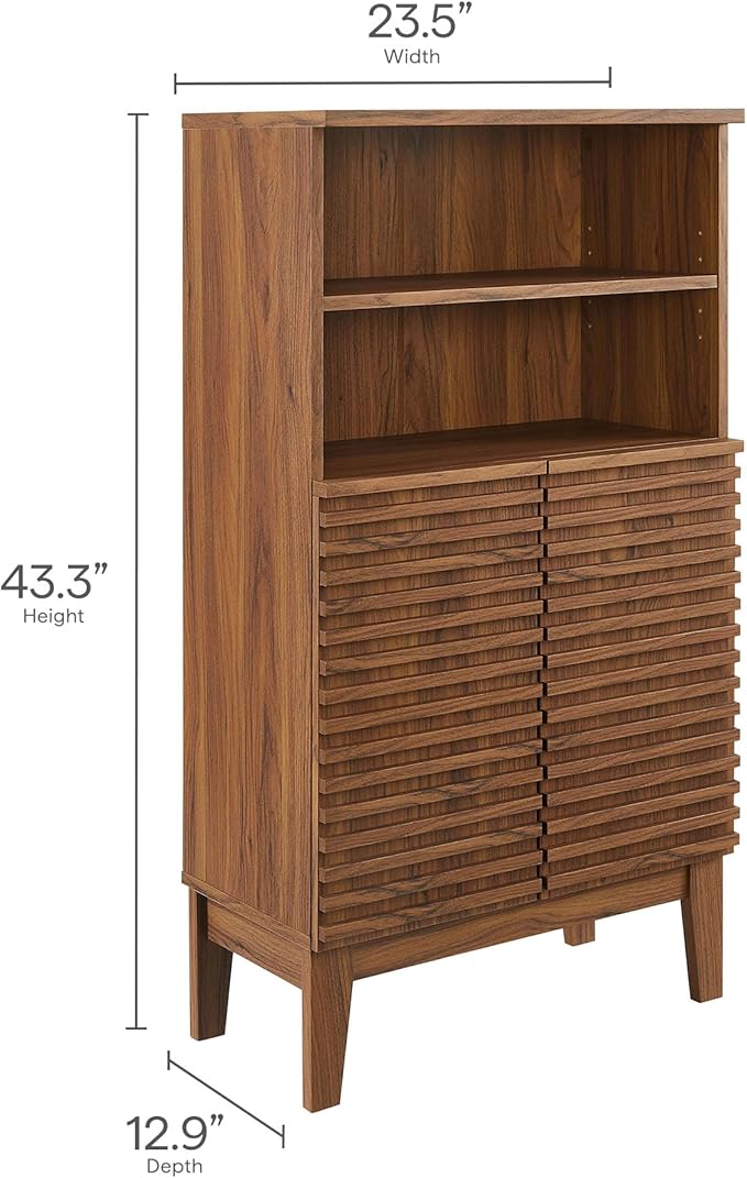 Modway Render Bathroom Cabinet Set in Walnut - Freestanding Linen Cabinet and Wall Mounted Storage with Slatted Doors, Adjustable Shelves