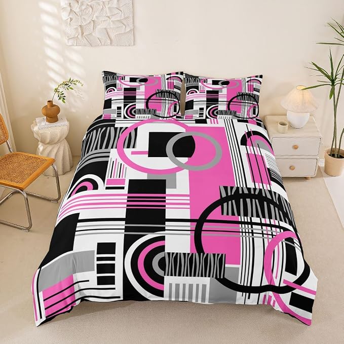 Erosebridal Art Deco Mid Century Duvet Cover Set Retro Modern Abstract Geometric Queen Bedding Set for Children Boys Black and White Fuchsia Circles Stripes Comforter Cover Contemporary Bed Sets