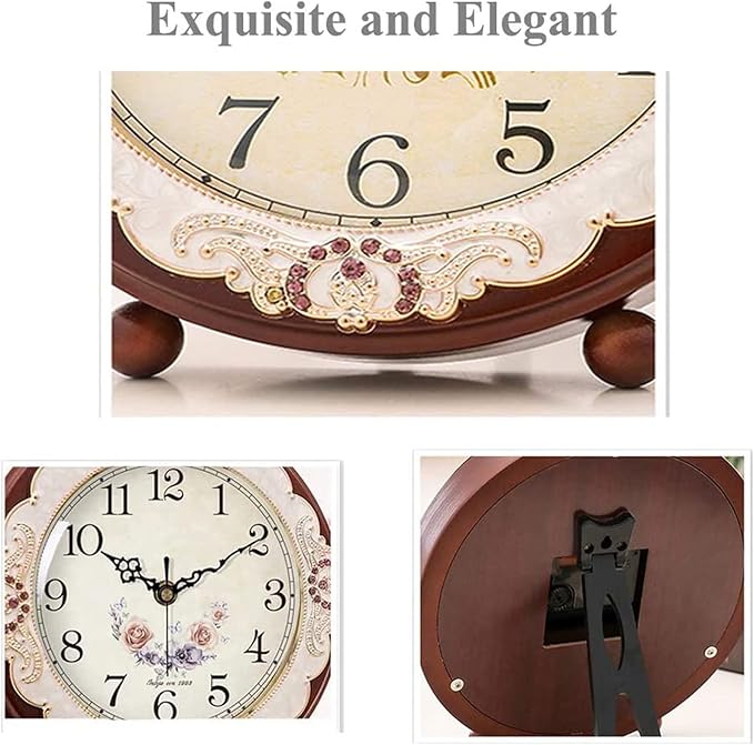 Justup Vintage Wooden Table Clock, Retro Non-Ticking European Style Beside Mantle Desk Clock Battery Operated Silent Quartz Movement for Bedroom Living Room Indoor Decor (Purple)