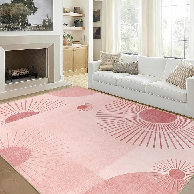Large Area Rug 5x7 Sun Rug Living Room Mid Century Modern Rugs Machine Washable Boho Geometric Rug Non Slip Printed Low Pile Indoor Floor Carpet for Dining Room Bedroom Office,Pink