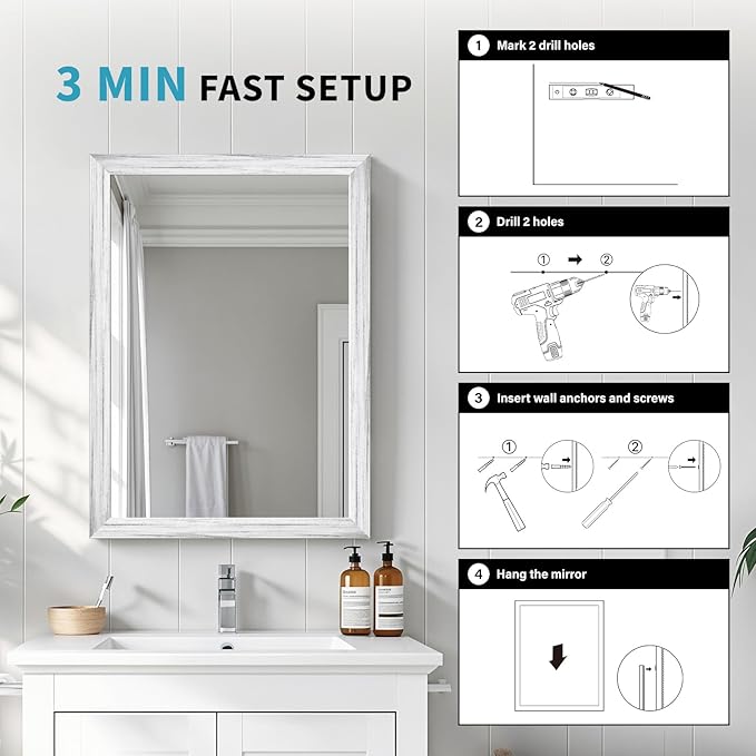 White Wood Effect Framed Wall Mirror, 22x30 Rectangle Mirror, 1/8" Anti-desilvering Tempered Glass, Sustainable& Sturdy Frame, Anti-Rust, HD Reflection &3min Fast Setup for Bathroom Living Room