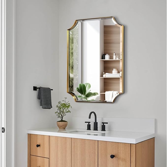 POZINO Brushed Gold Beveled Mirror, 22"x30" Brass Bathroom Vanity Mirror for Over Sink, Modern Rounded Rectangle Mirrors for Bedroom Living Room Fireplace Entryway, Hangs Horizontal Or Vertical