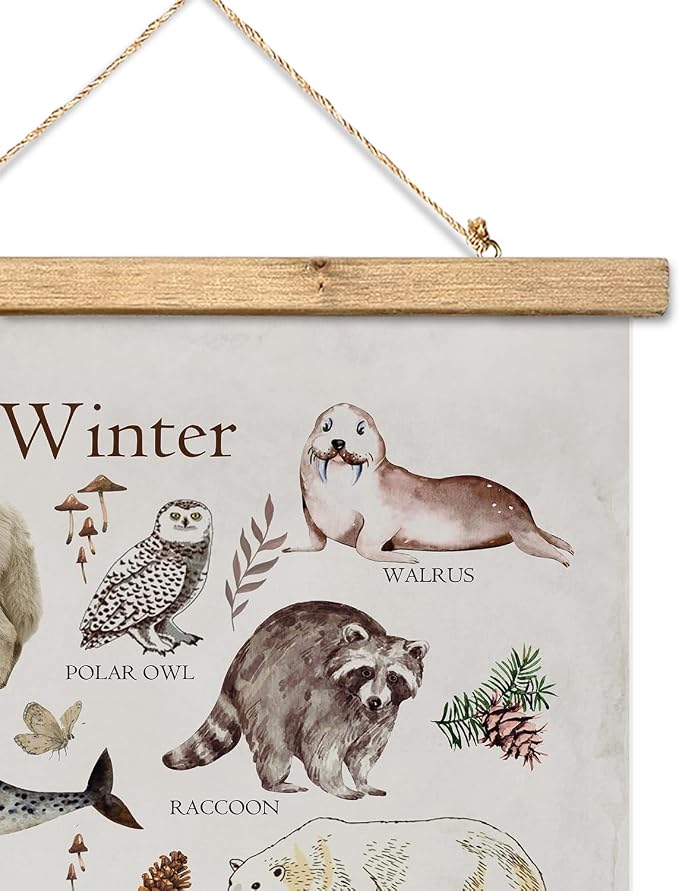 XIAOAIKA Winter Wildlife Educational Poster - Illustrated Arctic Animals Chart with Wooden Frame - Seasonal Nature Wall Art for Classroom, Home, or Nature Center 16 x 23 Inches