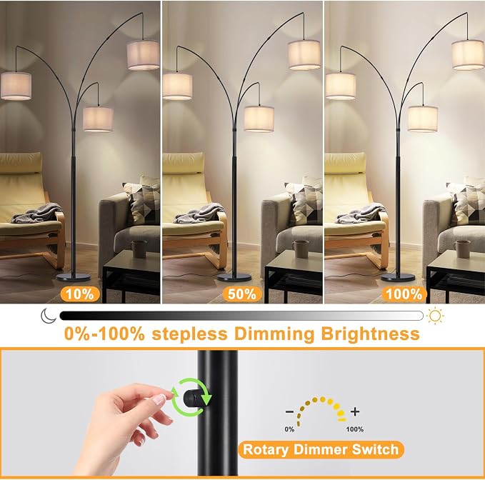 DLLT Modern Floor Lamp for Room: 3-Light Black Tree Dimmable Floor Lamps with Black Shades for Living Room - Arc Standing Lamp for Bedroom - Tall Floor Lamp for Office Corner 3 LED Bulbs Included
