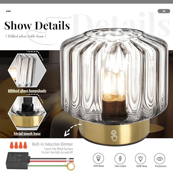Touch Table Lamp for Bedside, Smoke Gray Glass Table Lamps Mid Century Modern Table Lamp Gold nightstand lamp Mini Desk lamp for Bedroom Living Room Office