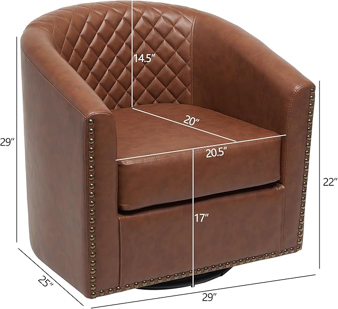 KINWELL 29" Wide Tufted Faux Leather Accent Chair, Small Swivel Barrel Chair, Modern Round PU Leather Upholstered Armchair with Nailhead Trim for Living Room Apartment, Brown
