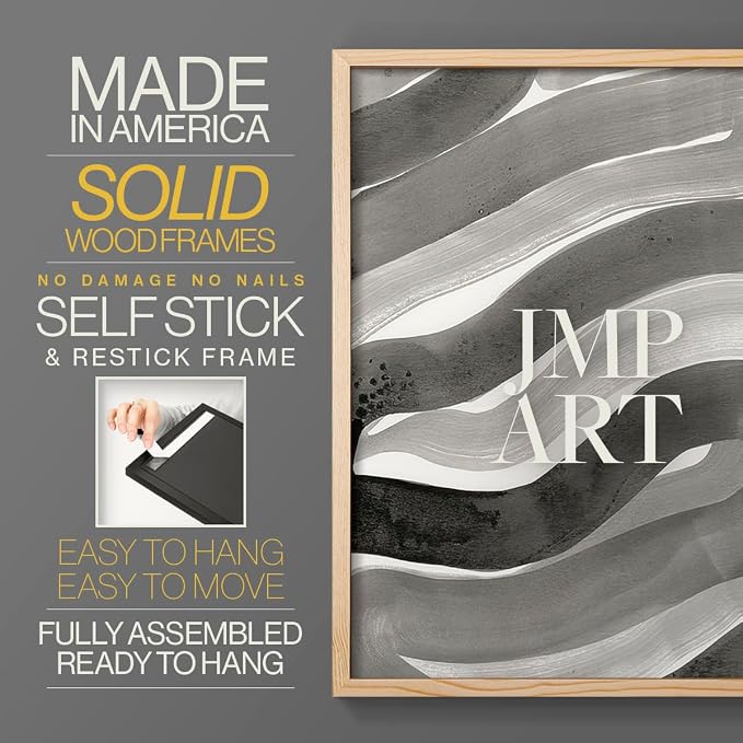 Renditions Gallery Set of 2 Peel & Stick Framed Prints, Watercolor Abstract Wall Art, Black and White Bold Brushstrokes Wall Decor, Re-Stickable - Ready to Hang - 11"x14" - NATURAL WOOD Frame LT588