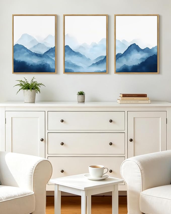 KUVIOKE Blue Watercolor Mountains in Fog Framed Wall Art Wilderness Nature Landscape Painting Rustic Scenic Relax Cool Room Decor for Bedroom Dining Room 12x16in (Natural Framed)