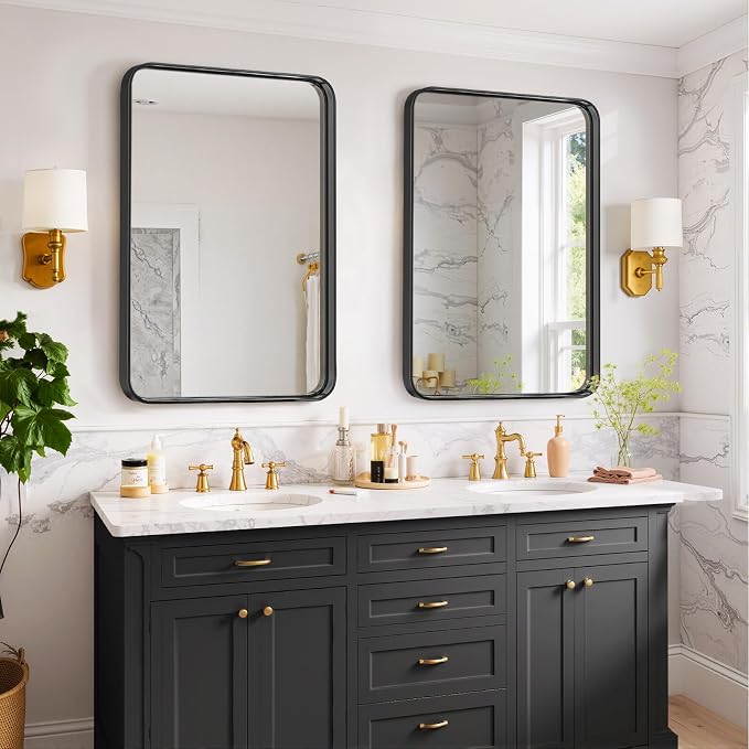 Bathroom Mirror 30x22 Inch Black Metal Frame Rectangle Vanity Mirror with Rounded Corners, Modern Wall Mounted Anti-Rust Mirror for Farmhouse, Restroom, Entryway, Horizontal or Vertical Hanging