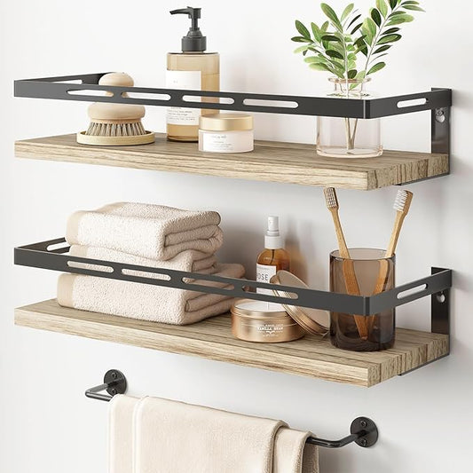 YGEOMER Floating Shelves for Bathroom Organizer Over Toilet, Wall Mounted Bathroom Shelves with Towel Bar, Wall Shelf for Bedroom Kitchen Living Room Storage (Rustic Brown-Black)