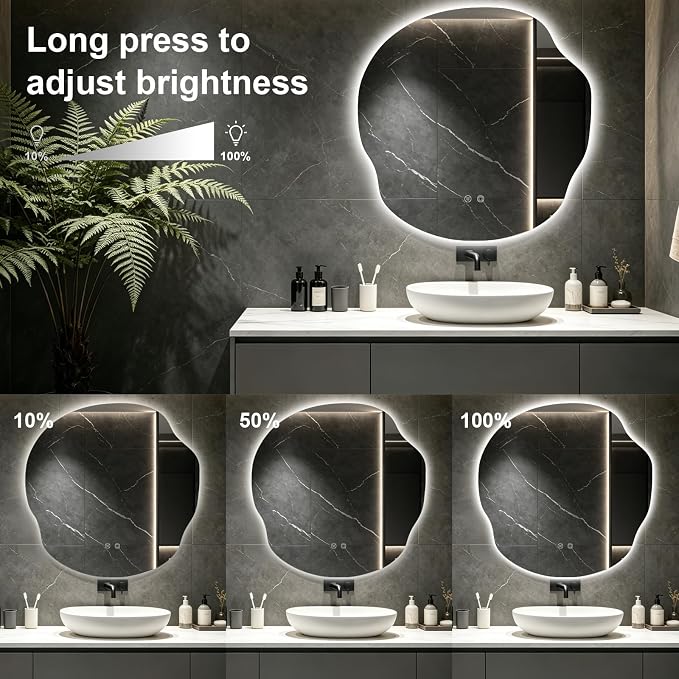 Asymmetrical Bathroom Mirror with Lights,Irregular LED Bathroom Vanity Mirror with Backlit,Anti-Fog,3 Colors and Dimmable Light with Memory,Hardwired Supported[Horizontal/Vertical] 36" H x 36" W