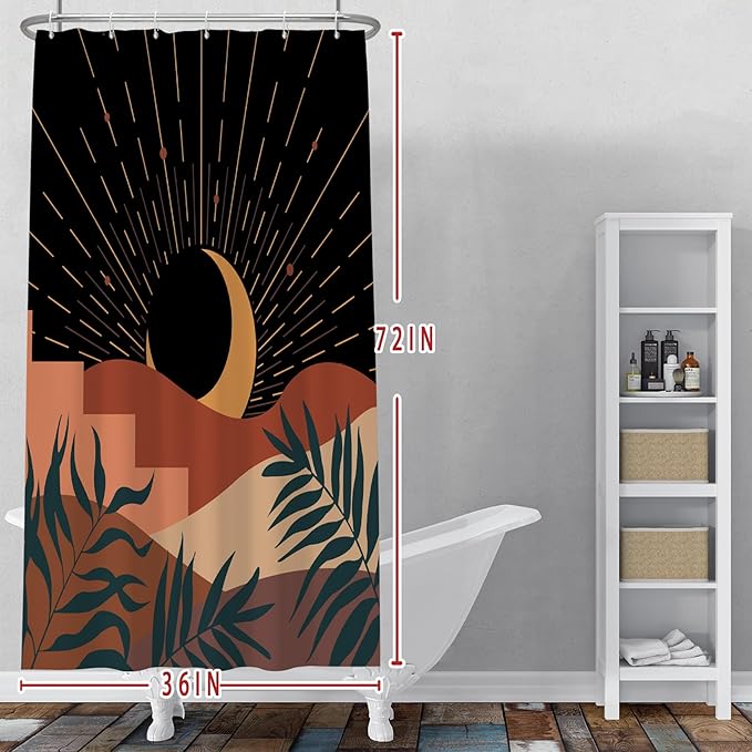 Baocicoo Boho Abstract Moon Shower Curtain Mid Century Sunset Mountain Shower Curtain for Bathroom Minimalist Aesthetic Bathroom Decorations Waterproof Curtain for Bathroom with Hooks 36x72 Inches