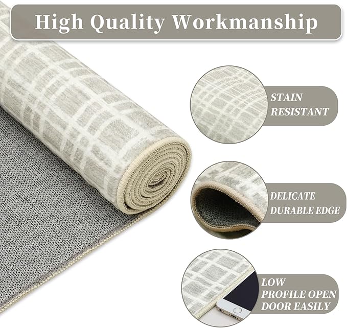 Washable Area Rugs 8x10 Rug for Living Room Modern Bedroom Rug Plaid Farmhouse Large Area Rug Non Slip Throw Rugs Soft Low Pile Stain Resistant Carpet for Dining Room 8'x10' Light Grey