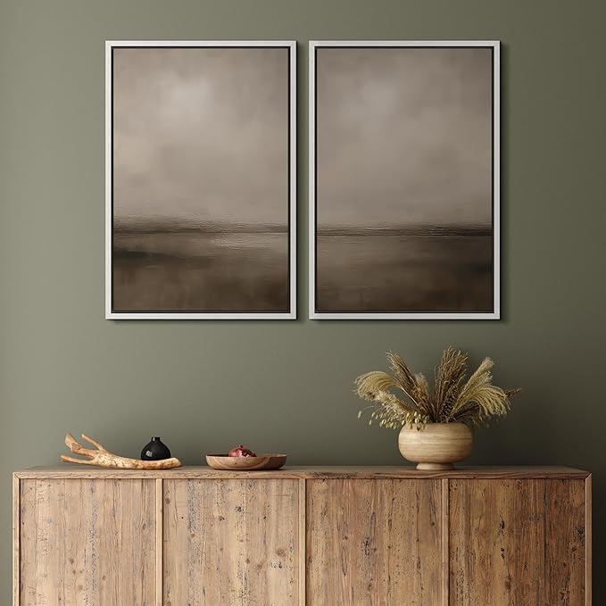 MUDECOR Framed Canvas Print Wall Art Abstract Brown and Taupe Modern Minimalist Misty Landscape Illustrations Modern Art Decorative Bohemian for Living Room, Bedroom, Office - 16"x24"x2 White