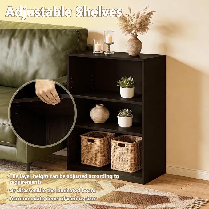 CTESNE【2026 Adjustable Shelves 3-Tier Bookcase, 71 inches, Wooden Open Display Floor Bookshelf (Chocolate Color)