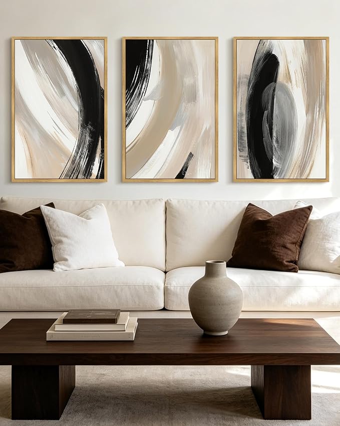 KUVIOKE Modern Abstract Framed Wall Art Black Neutral Minimalist Ink and Wash Graffiti Pastel Wall Decor for Bedroom Living Room 16x24in (Natural Framed)