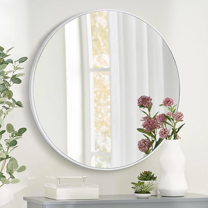White Round Mirror 26 Inch, Circle Wall Mirrors with Tempered Glass for Bathroom, Bedroom Living Room or Entryway