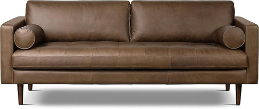 Poly & BARK Napa 88.5" Sofa – Cocoa Brown Full-Grain Pure-Aniline Italian Leather, Feather-Down Cushioning, Kiln-Dried Solid Wood Frame, Walnut Legs
