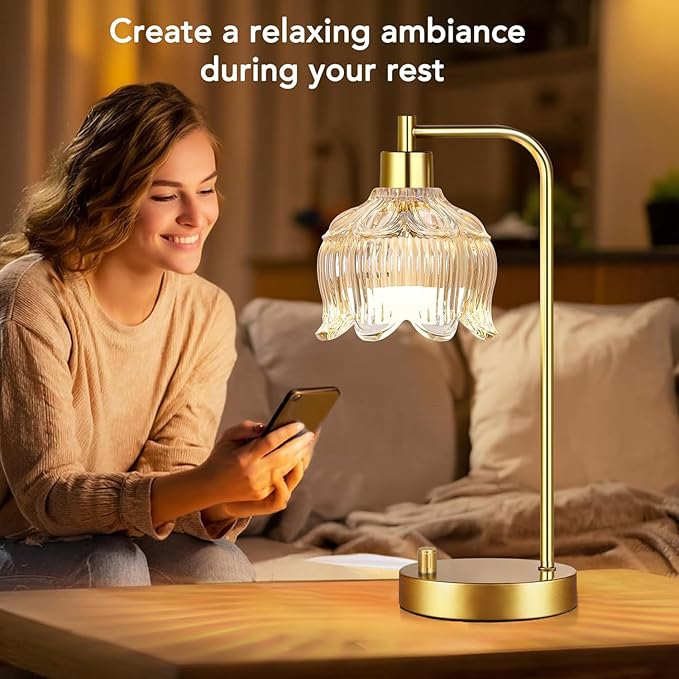 Glass Table Lamp Set of 2,Small Gold Bedside Lamps Dimmable Boho Bedroom Lamp with Tulip Flower Amber Lamp Shade,Vintage Mid Century Modern Mini Nightstand Lamp for Bedroom Living Room