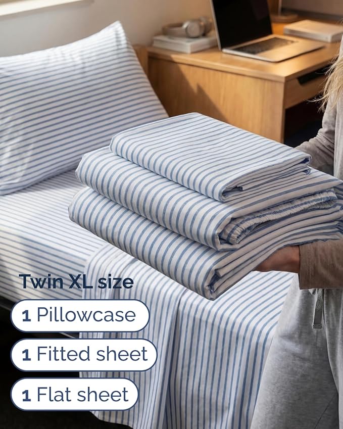 Twin XL Size 3 Piece Sheet Set - Comfy Breathable & Cooling Sheets - Hotel Luxury Bed Sheets for Women & Men - Deep Pockets, Easy-Fit, Soft & Wrinkle Free Sheets - Blue Stripes Oeko-Tex Bed Sheet Set