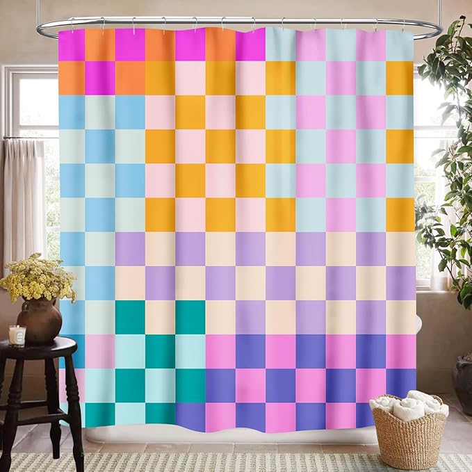 70s Checkered Shower Curtain, Retro Vintage Hippie Groovy Checkboard Colorful Rainbow Abstract Modern Cute Bright Funky Waterproof Fabric Bathroom Shower Curtain Set with Hooks, 72"x78"