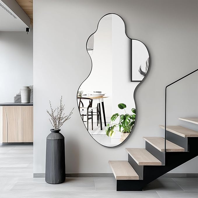 Asymmetrical Wall Mirror, 46.5"x24" Irregular Shaped Mirrors with Black Metal Frame, Modern Abstract Decorative Mirrors for Living Room Bathroom Bedroom Hallway Entryway Fireplace