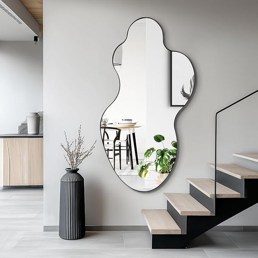 Asymmetrical Wall Mirror, 46.5"x24" Irregular Shaped Mirrors with Black Metal Frame, Modern Abstract Decorative Mirrors for Living Room Bathroom Bedroom Hallway Entryway Fireplace