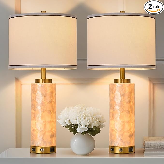 AIDENOEY 26" Modern Art Glass Table & Bedside Lamp, Stepless Dimmable Base + Dimmable 3-Color Light, USB A/C Charging Ports, Touch Control & Switch for Bedroom, Living Room, Office, Study