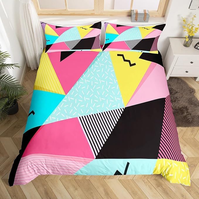 Memphis Duvet Cover Set King Size, Retro 80s 90s Fashion Style Comforter Cover with 2 Pillowcases, Colorful Triangle Geometric Bedding Set for Kids Boys Girls Lightweight Bedspread Cover,No Comforter