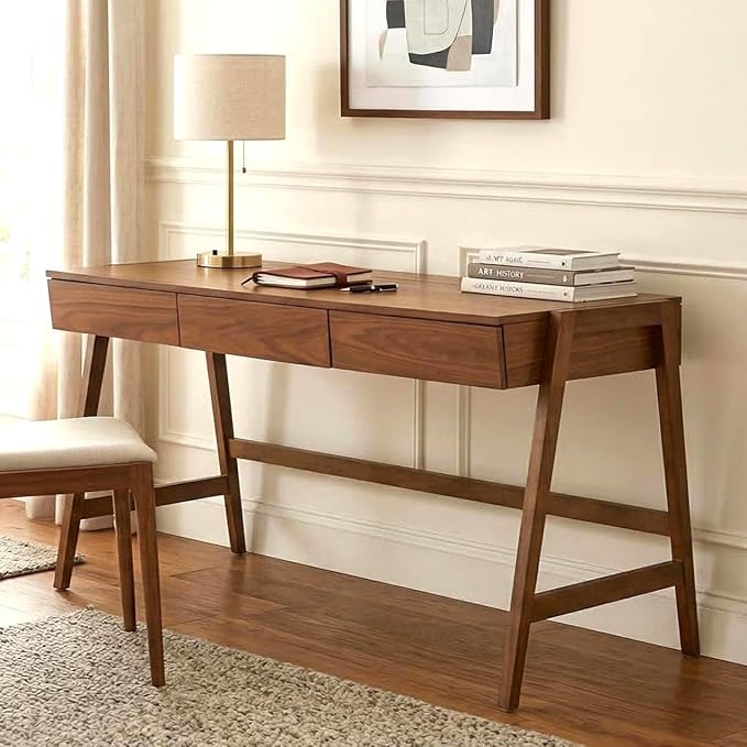 ROCITY Walnut Wood Desk with Drawers Home Office Desk Mid Century Modern Writing Table for Bedroom Vanity Living Room Study Workstation