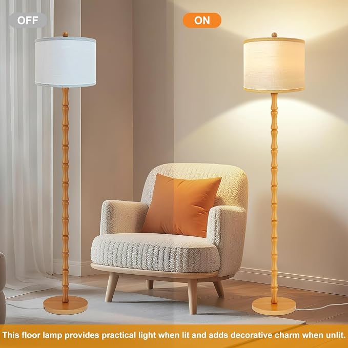 Vintage Wood Floor Lamps with Rotary Switch, 3 Color Temperatures Bulb,Modern Farmhouse Floor Lamps for Living Room,Rustic Standing Lamp for Bedroom,Tall Lamp for Office Corner Nursey Decor